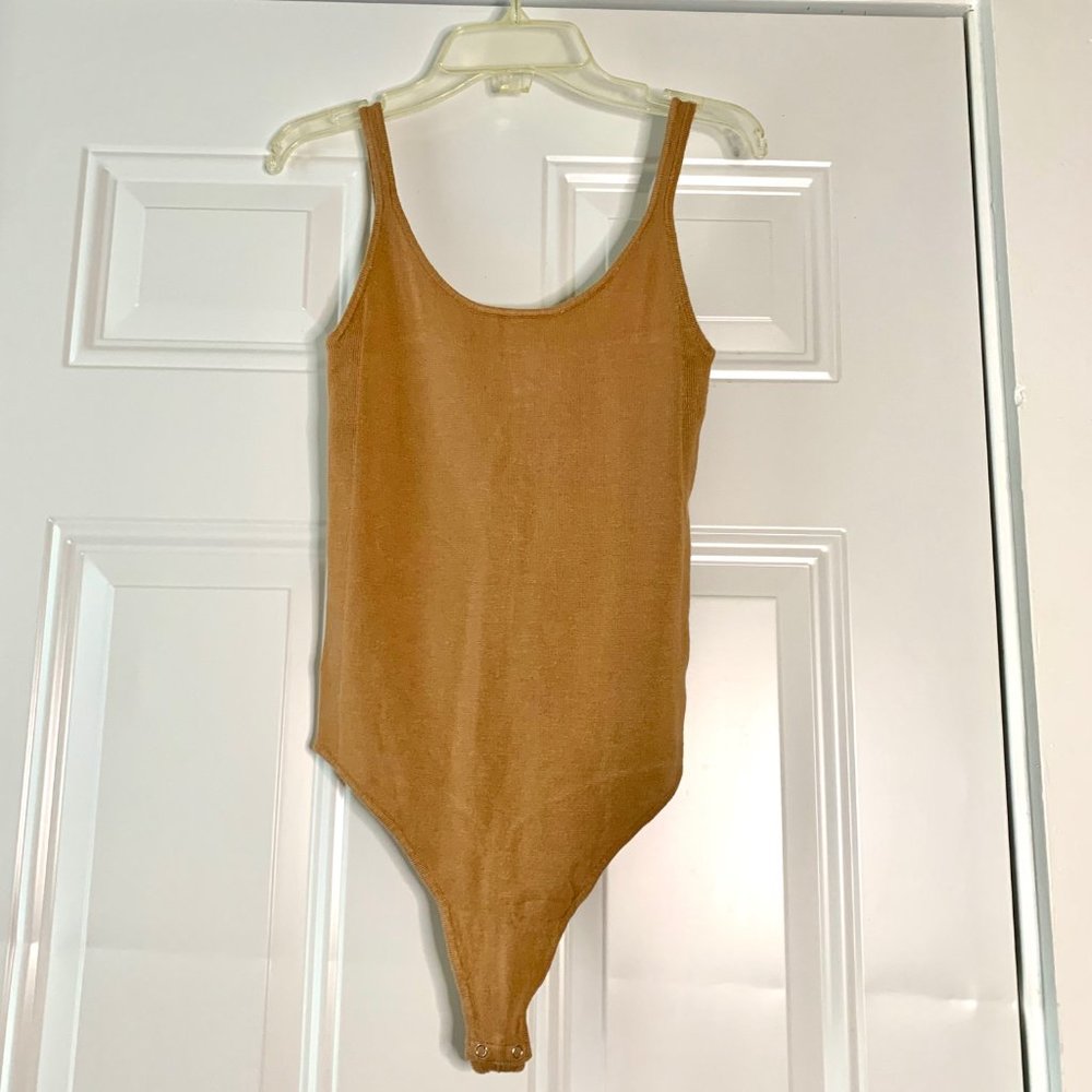 Yummy Sweater Co. Women’s Tan Shoulder Strap Fitted Soft Sweater Bodysuit